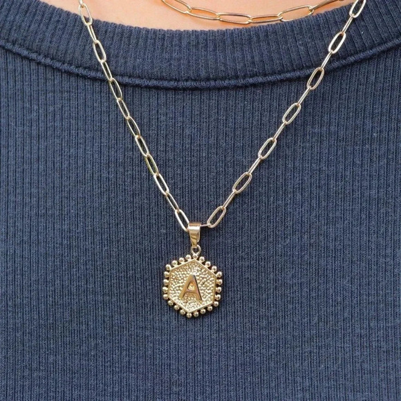 2 LAYER GOLD LETTER INITIAL COIN HEXAGONAL PENDANT  DAINTY NECKLACE, ELDM22335 - Picture 6 of 13